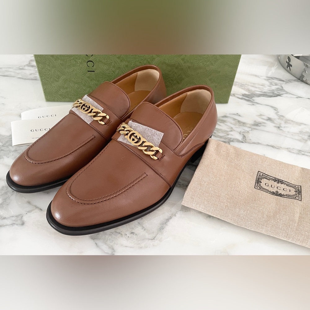 Gucci GG NEW Authentic 746684 Logo Chain Brown Leather Loafers Shoes, Sz. 8, 8+